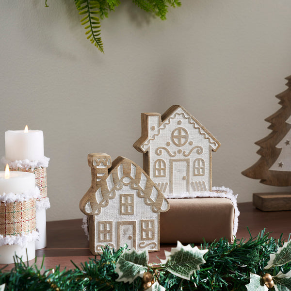 White Washed Candy Cane Lane Natural Wooden Houses Set of 2 - 5x4.5x1.25/5x4.75x1.5