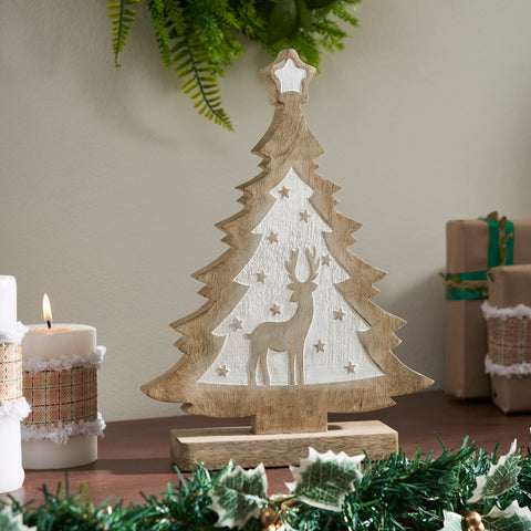 White Washed Winter Frolic Natural Wooden Tree 12x9x2.5