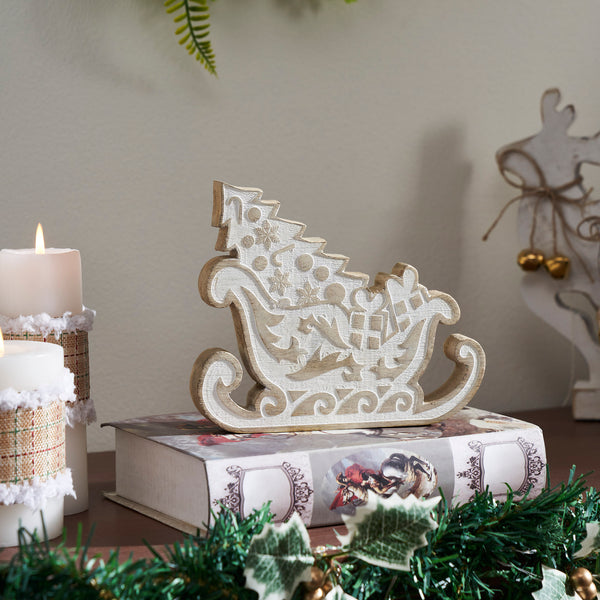 White Washed Santa on Duty Natural Wooden Sleigh 7x6x1