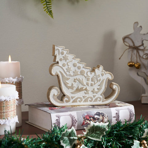 White Washed Santa on Duty Natural Wooden Sleigh 7x6x1