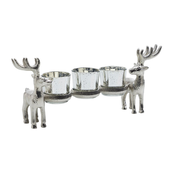 Metal Reindeer Three-Votive Mercury Glass Candle Holder 5.5x13x3.5