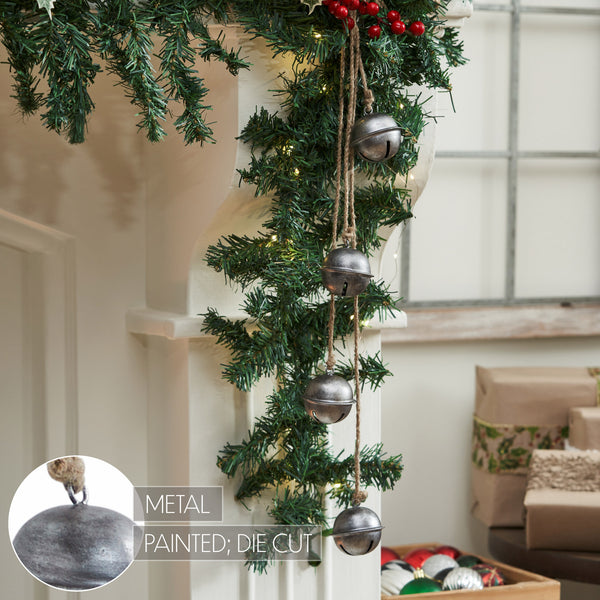 Tarnished Metal Decorative Bells on Jute Hanging Rope 23.5x2.5x2.5