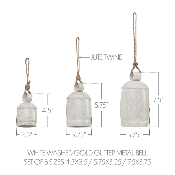 White Washed Gold Glitter Metal Bell Set of 3 - 4.5/5.75/7.5 inch