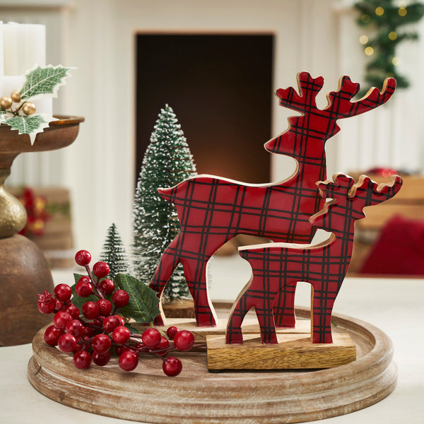Red Plaid Wooden Reindeer Set of 2 - 6x6x2/9.5x9x2