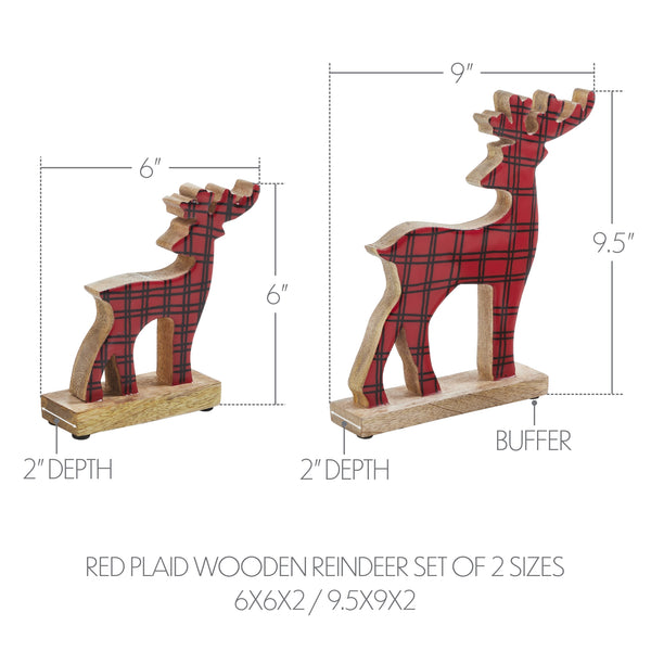 Red Plaid Wooden Reindeer Set of 2 - 6x6x2/9.5x9x2