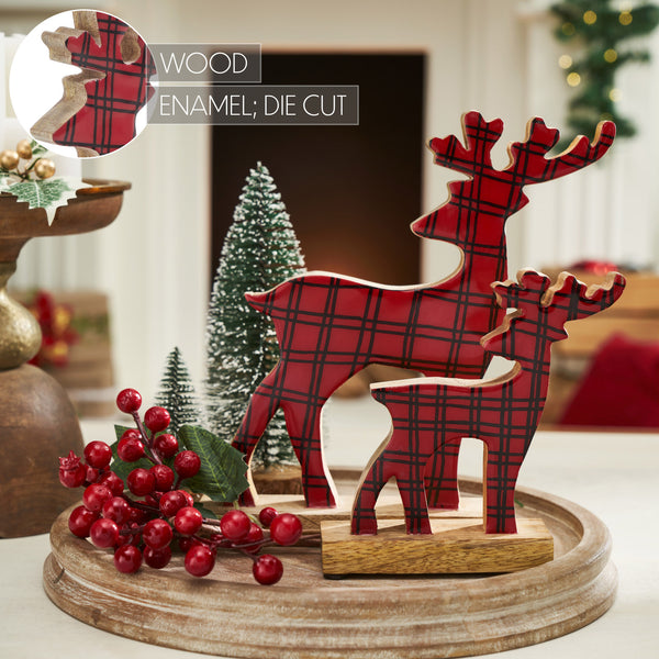 Red Plaid Wooden Reindeer Set of 2 - 6x6x2/9.5x9x2