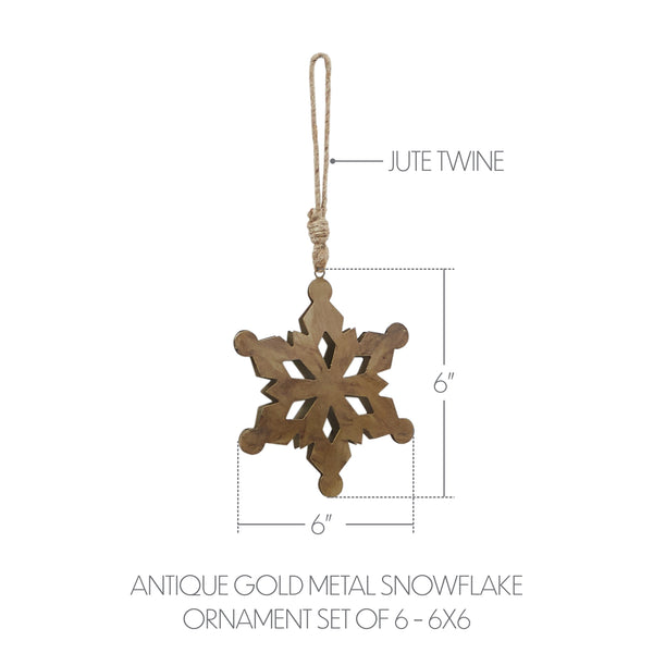 Antique Gold Metal Snowflake Ornament Set of 6 - 6 inch