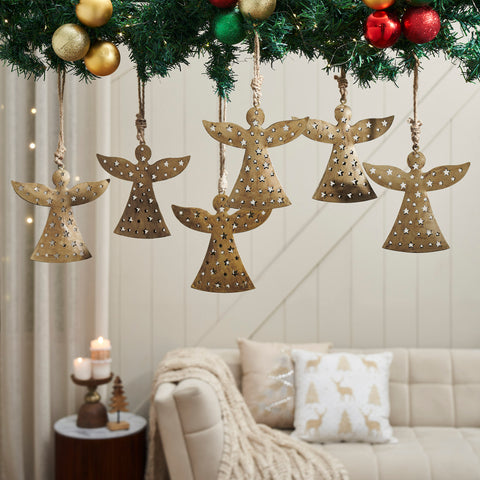 Antique Gold Metal Angel Ornament Set of 6 - 6.5 inch