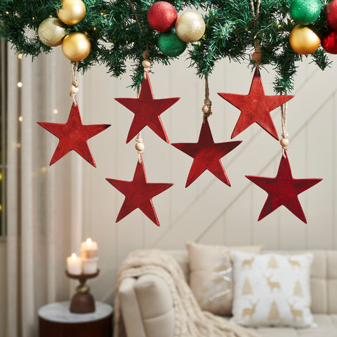 Antique Red Metal Star Ornament Set of 6 - 6 inch