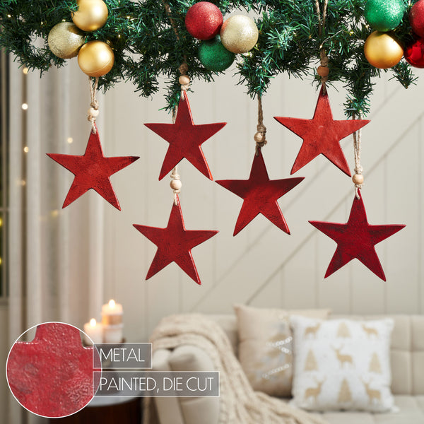 Antique Red Metal Star Ornament Set of 6 - 6 inch