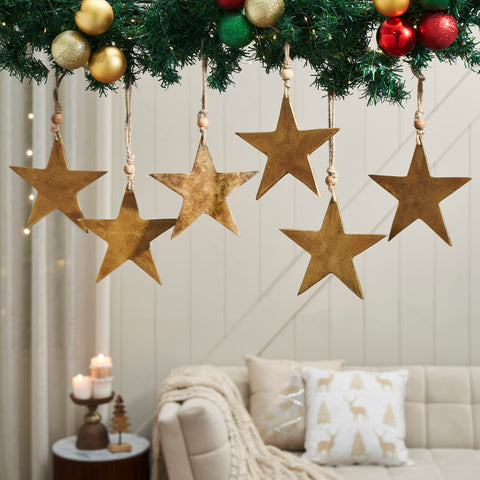 Antique Gold Metal Star Ornament Set of 6 - 6 inch