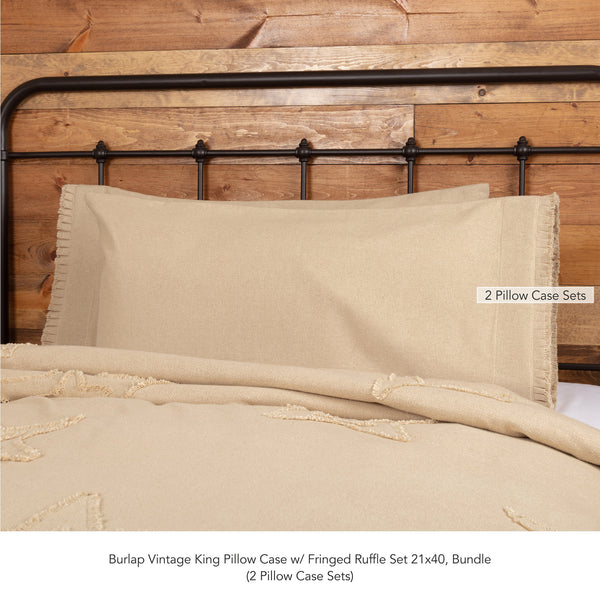 Burlap Vintage King Pillow Case w/ Fringed Ruffle Set 21x40 Bundle (2-Pillow Case Sets)