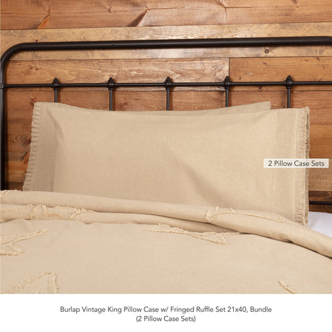 Burlap Vintage King Pillow Case w/ Fringed Ruffle Set 21x40 Bundle (2-Pillow Case Sets)