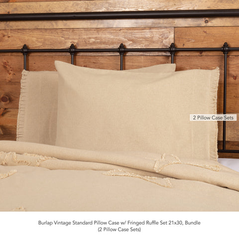 Burlap Vintage Standard Pillow Case w/ Fringed Ruffle Set 21x30 Bundle (2-Pillow Case Sets)