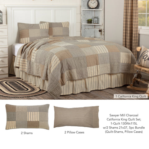 Sawyer Mill Charcoal California King Quilt Set; 1-Quilt 130Wx115L w/2 Shams 21x37 5pc Bundle (Quilt-Shams, Pillow Cases)
