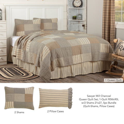 Sawyer Mill Charcoal Queen Quilt Set; 1-Quilt 90Wx90L w/2 Shams 21x27 5pc Bundle (Quilt-Shams, Pillow Cases)