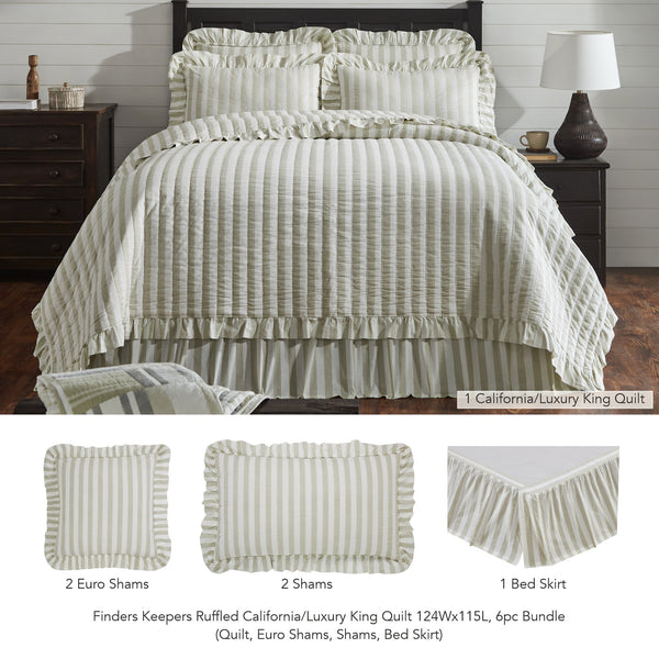 Finders Keepers Ruffled California/Luxury King Quilt 124Wx115L 6pc Bundle (Quilt, Euro Shams, Shams, Bed Skirt)