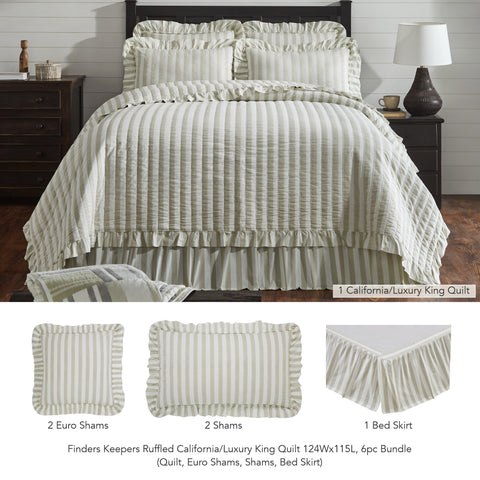 Finders Keepers Ruffled California/Luxury King Quilt 124Wx115L 6pc Bundle (Quilt, Euro Shams, Shams, Bed Skirt)