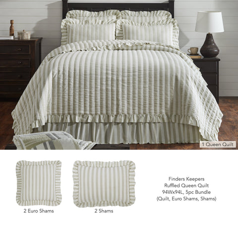 Finders Keepers Ruffled Queen Quilt 94Wx94L 5pc Bundle (Quilt, Euro Shams, Shams)