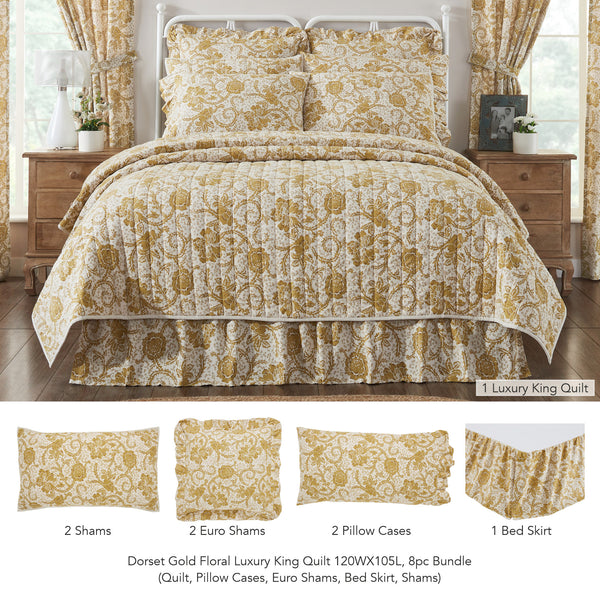 Dorset Gold Floral Luxury King Quilt 120WX105L 8pc Bundle (Quilt, Euro Shams, Bed Skirt, Shams, Pillow Cases)