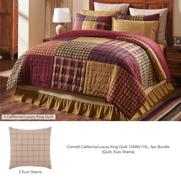 Connell California/Luxury King quilt 115x124 with two 26x26 Euro shams in burgundy black natural plaid