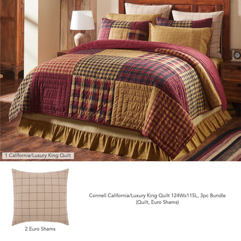 Connell California/Luxury King quilt 115x124 with two 26x26 Euro shams in burgundy black natural plaid