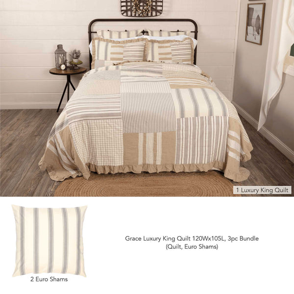 Grace Luxury King Quilt 120Wx105L 3pc Bundle (Quilt, Euro Shams)