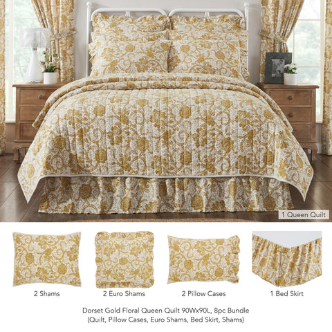 Dorset Gold Floral Queen Quilt 90Wx90L 8pc Bundle (Quilt, Pillow Cases, Euro Shams, Bed Skirt, Shams)