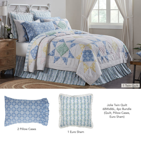 Jolie Twin Quilt 68Wx86L 4pc Bundle (Quilt, Pillow Cases, Euro Sham)