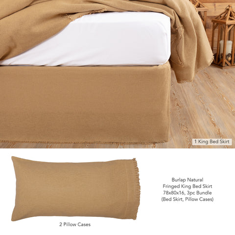 Burlap Natural Fringed King Bed Skirt 78x80x16 3pc Bundle (Bed Skirt, Pillow Cases)