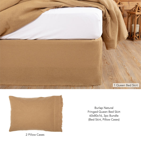 Burlap Natural Fringed Queen Bed Skirt 60x80x16 3pc Bundle (Bed Skirt, Pillow Cases)
