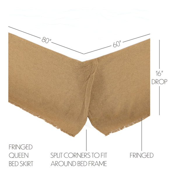 Burlap Natural Fringed Queen Bed Skirt 60x80x16 3pc Bundle (Bed Skirt, Pillow Cases)