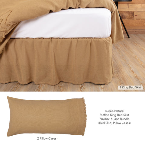 Burlap Natural Ruffled King Bed Skirt 78x80x16 3pc Bundle (Bed Skirt, Pillow Cases)