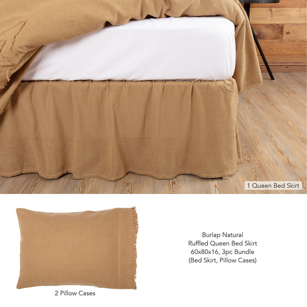 Burlap Natural Ruffled Queen Bed Skirt 60x80x16 3pc Bundle (Bed Skirt, Pillow Cases)