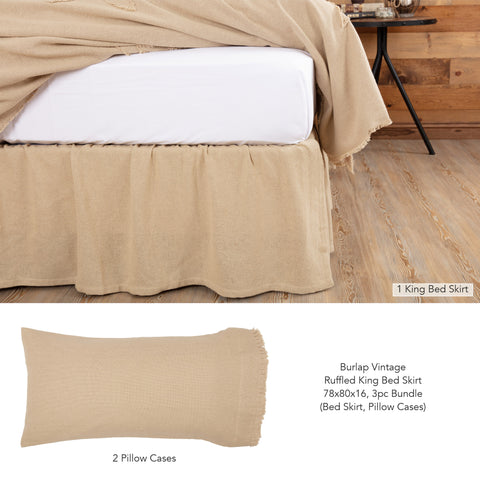 Burlap Vintage Ruffled King Bed Skirt 78x80x16 3pc Bundle (Bed Skirt, Pillow Cases)