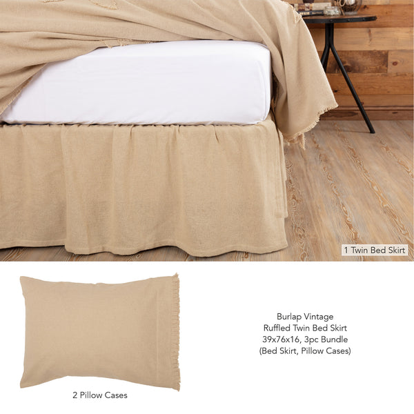 Burlap Vintage Ruffled Twin Bed Skirt 39x76x16 3pc Bundle (Bed Skirt, Pillow Cases)