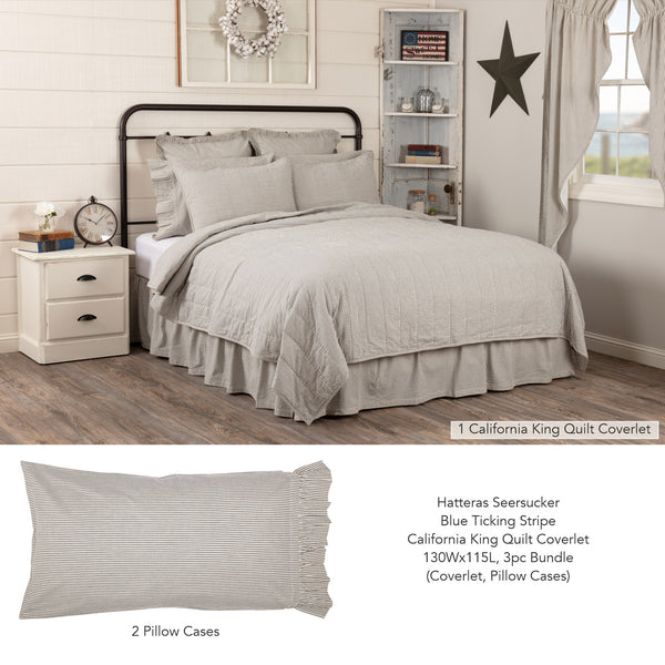 Hatteras Seersucker Blue Ticking Stripe California King Quilt Coverlet 130Wx115L 3pc Bundle (Coverlet, Pillow Cases)