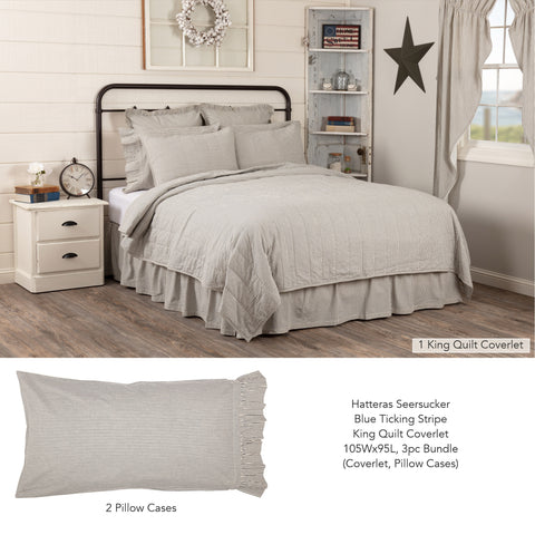 Hatteras Seersucker Blue Ticking Stripe King Quilt Coverlet 105Wx95L 3pc Bundle (Coverlet, Pillow Cases)