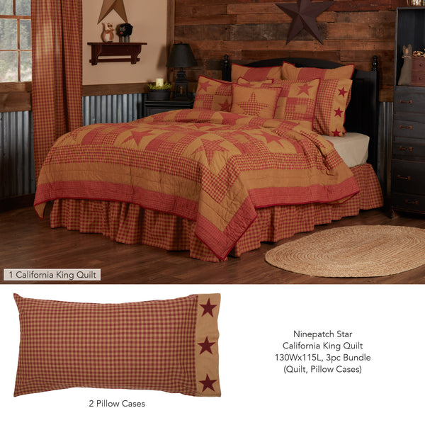 Ninepatch Star California King Quilt 130Wx115L 3pc Bundle (Quilt, Pillow Cases)
