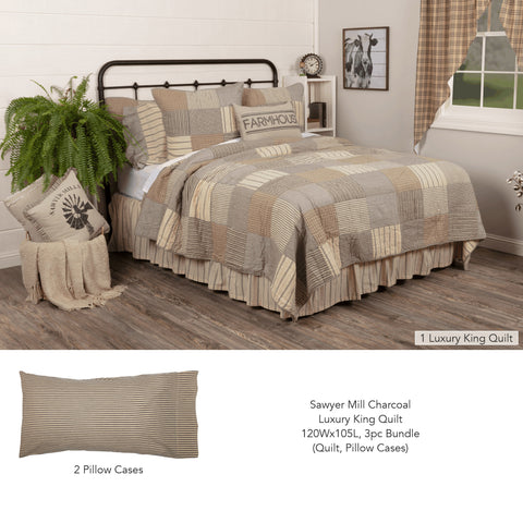 Sawyer Mill Charcoal Luxury King Quilt 120Wx105L 3pc Bundle (Quilt, Pillow Cases)