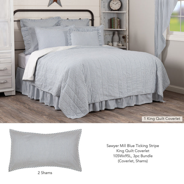 Sawyer Mill Blue Ticking Stripe King Quilt Coverlet 105Wx95L 3pc Bundle (Coverlet, Shams) - Clearance All Sales Final