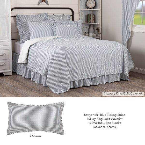 Sawyer Mill Blue Ticking Stripe Luxury King Quilt Coverlet 120Wx105L 3pc Bundle (Coverlet, Shams) - Clearance All Sales Final