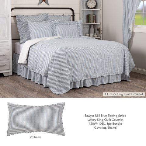 Sawyer Mill Blue Ticking Stripe Luxury King Quilt Coverlet 120Wx105L 3pc Bundle (Coverlet, Shams) - Clearance All Sales Final