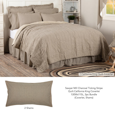 Sawyer Mill Charcoal Ticking Stripe Quilt California King Coverlet 130Wx115L 3pc Bundle (Coverlet, Shams) - Clearance All Sales Final
