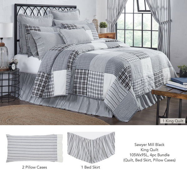 Sawyer Mill Black King Quilt 105Wx95L 4pc Bundle (Quilt, Bed Skirt, Pillow Cases) - Clearance All Sales Final