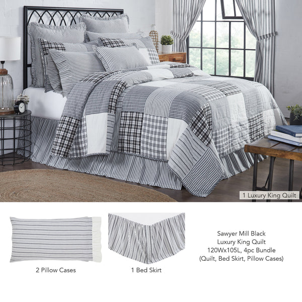 Sawyer Mill Black Luxury King Quilt 120Wx105L 4pc Bundle (Quilt, Bed Skirt, Pillow Cases) - Clearance All Sales Final