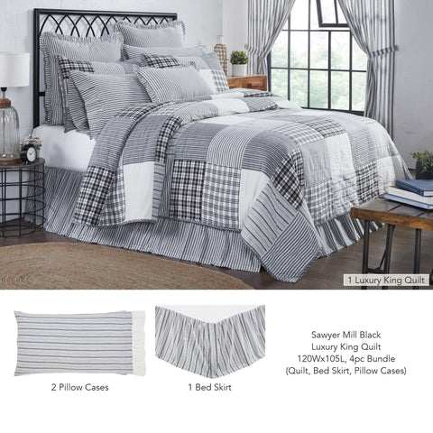 Sawyer Mill Black Luxury King Quilt 120Wx105L 4pc Bundle (Quilt, Bed Skirt, Pillow Cases) - Clearance All Sales Final