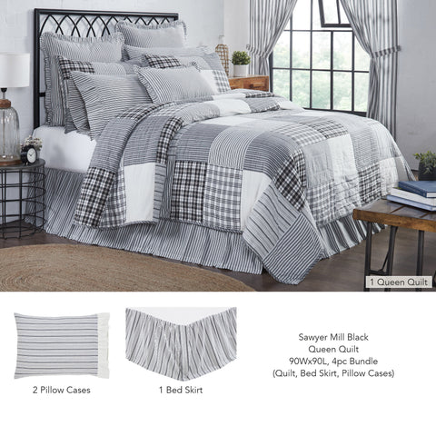 Sawyer Mill Black Queen Quilt 90Wx90L 4pc Bundle (Quilt, Bed Skirt, Pillow Cases) - Clearance All Sales Final