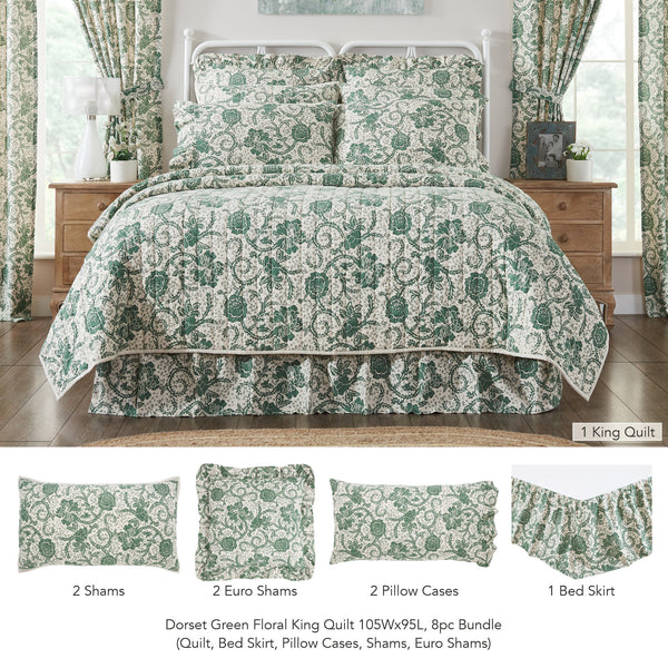 Dorset Green Floral King Quilt 105Wx95L 8pc Bundle (Quilt, Bed Skirt, Pillow Cases, Shams, Euro Shams)