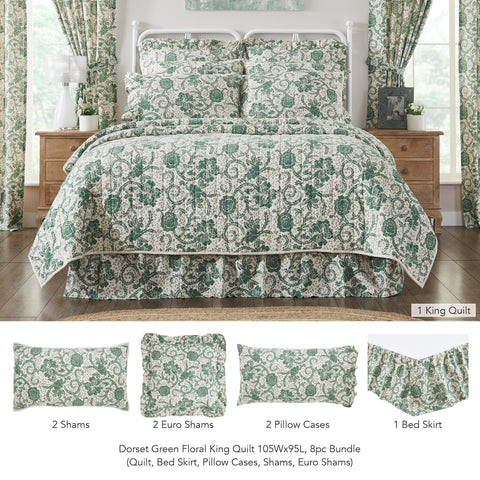 Dorset Green Floral King Quilt 105Wx95L 8pc Bundle (Quilt, Bed Skirt, Pillow Cases, Shams, Euro Shams)